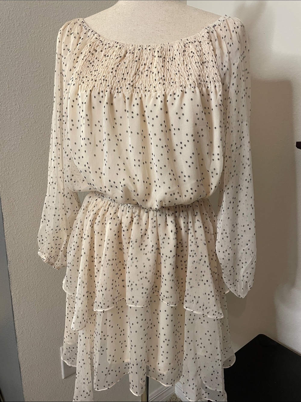 Reset by Jane Cream Polka Dot Smocked Neck Tiered Long-Sleeve Dress
